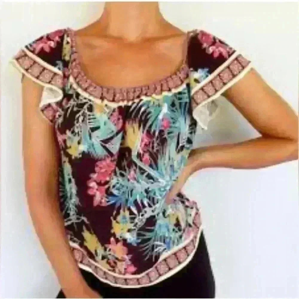 NWOT Flying Tomato black with floral design off the shoulder blouse; size S